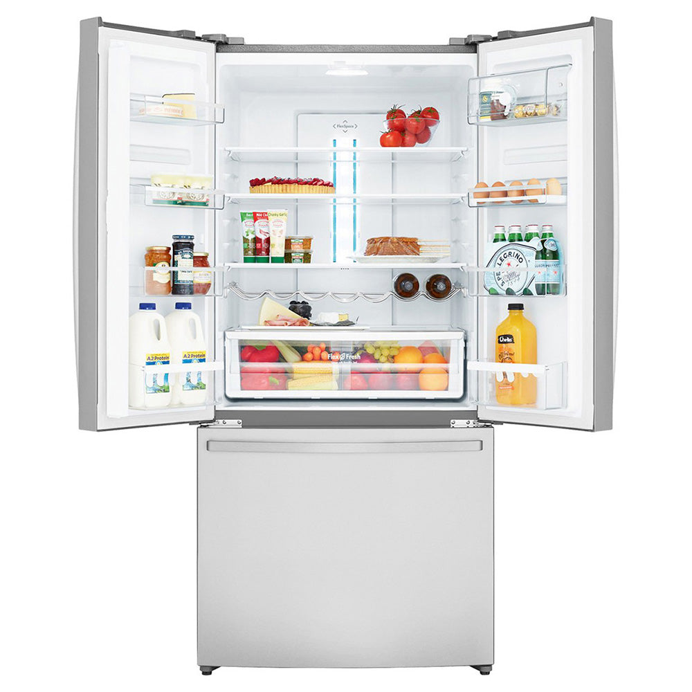 Westinghouse 524L French Door Fridge Stainless Steel WHE5200SA, Front view with top door open, full of food items, and bottles