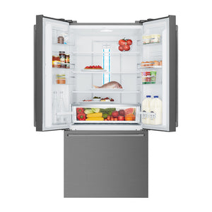 Westinghouse 491L French Door Fridge Dark Steel WHE5204BC, Front view with top door open, full of food items, and bottles