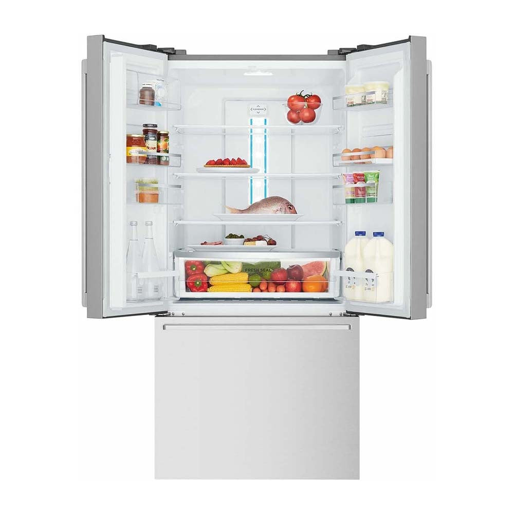 Westinghouse 491L French Door Fridge Stainless Steel WHE5204SC, Front view with top door open, full of food items, and bottles