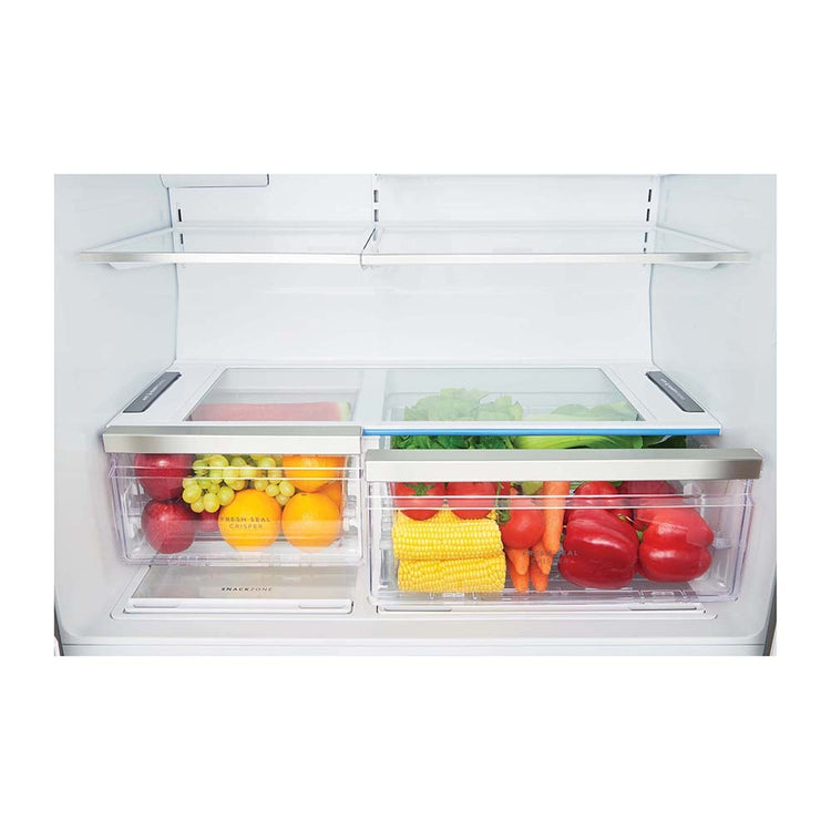 Westinghouse 609L French Door Fridge Dark Steel WHE6170BB, Glass shelf and vegetable crisper drawer view 