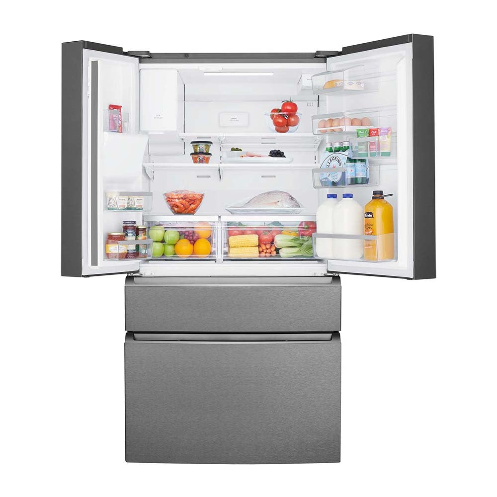 Westinghouse 609L French Door Fridge Dark Steel WHE6170BB, Front view with top door open, full of food items, and bottles