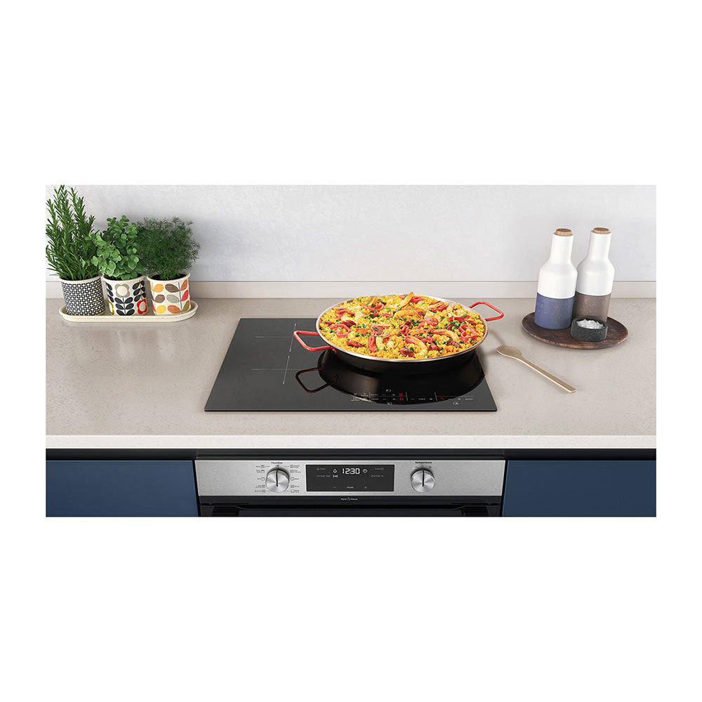 Westinghouse WHI633BC 60cm 3-Zone Induction Cooktop, Control panel view with cooking dish 