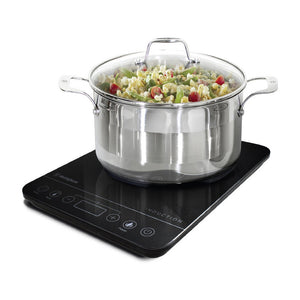 Westinghouse 1 Zone Portable Induction Cooktop WHIC01K, Front top left view with utensil