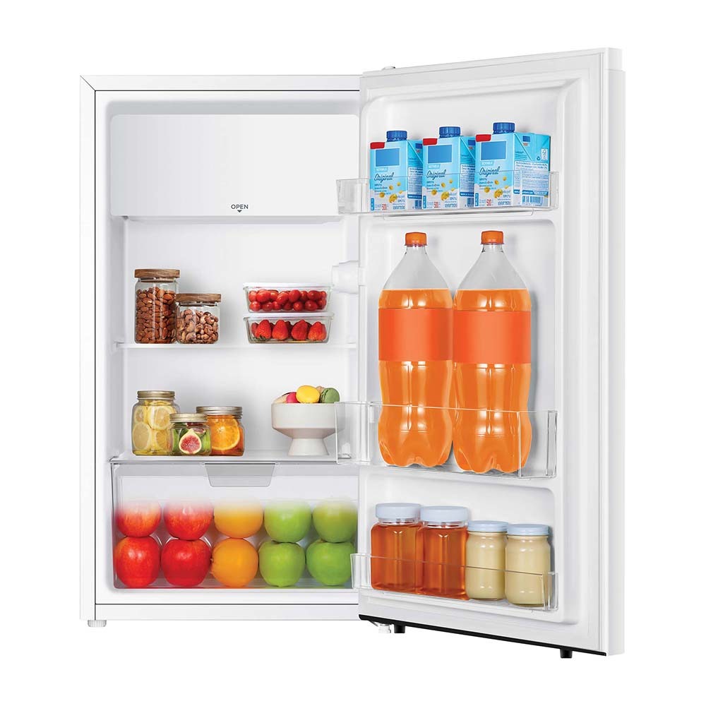 Westinghouse WIM1000WD 93L Bar Fridge White, Front right view with door open, full of food items, and bottles