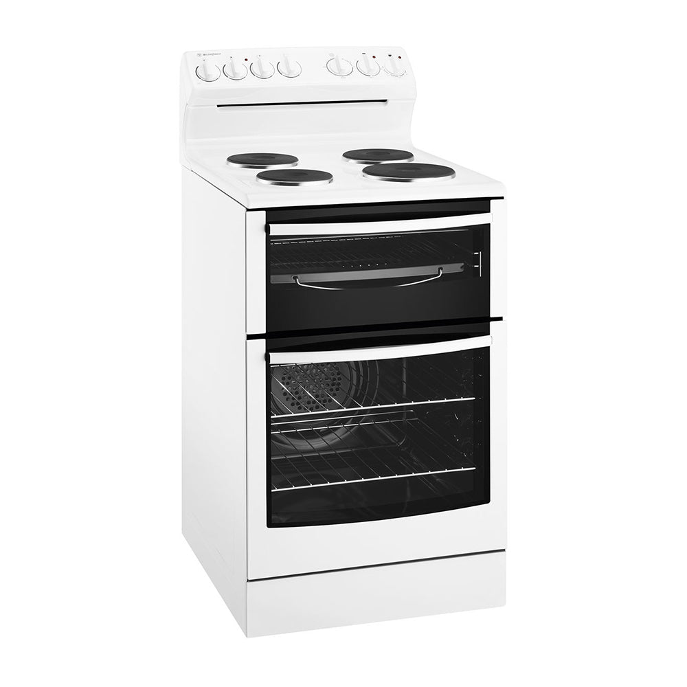 Westinghouse WLE535WB 54cm Freestanding Cooker w/ Solid Hob, Fan Forced Oven, Front right view