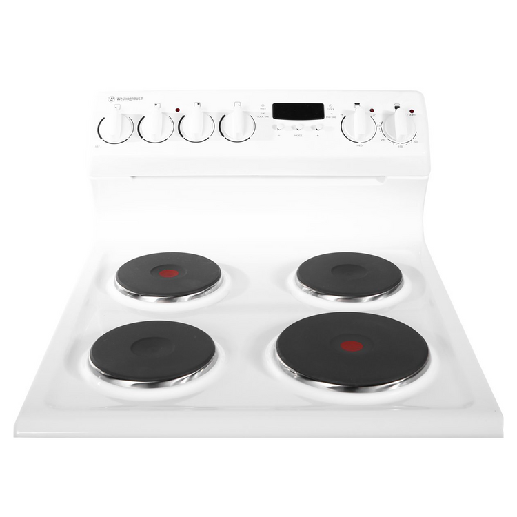 Westinghouse WLE537WA 54cm Freestanding Electric Oven/Stove - White, Front cooktop view