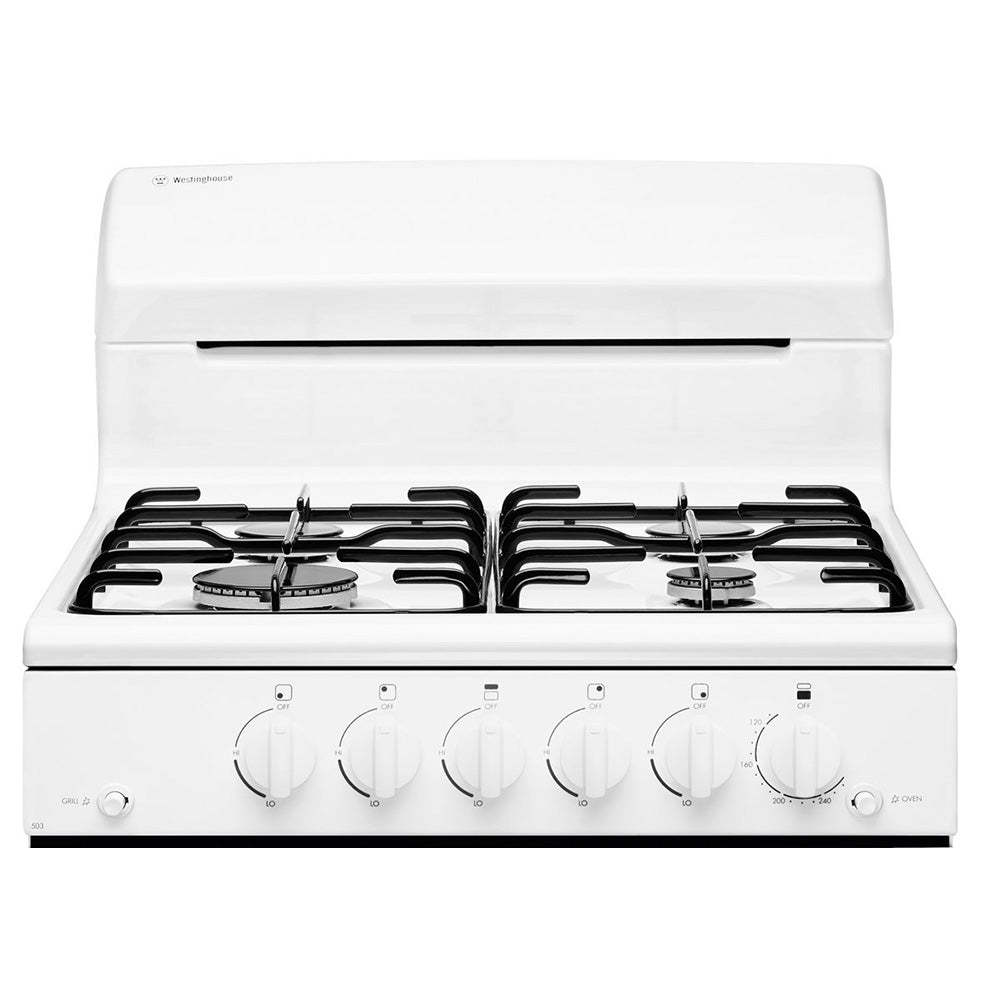 Westinghouse WLG503WBLP 54cm White Freestanding Cooker, Cooktop view with control panel 