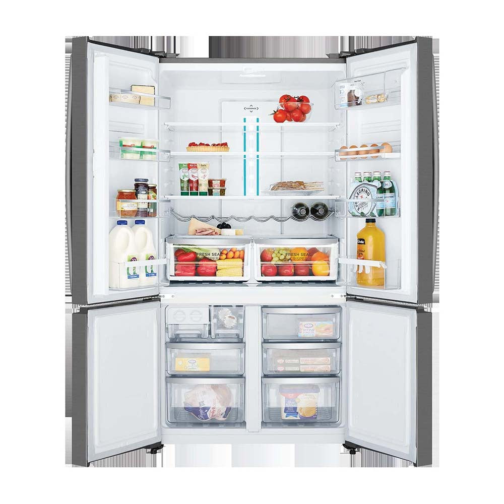 Westinghouse 541L French Door Fridge Dark Steel WQE6000BB, Front view with doors open, full of food items, and bottles