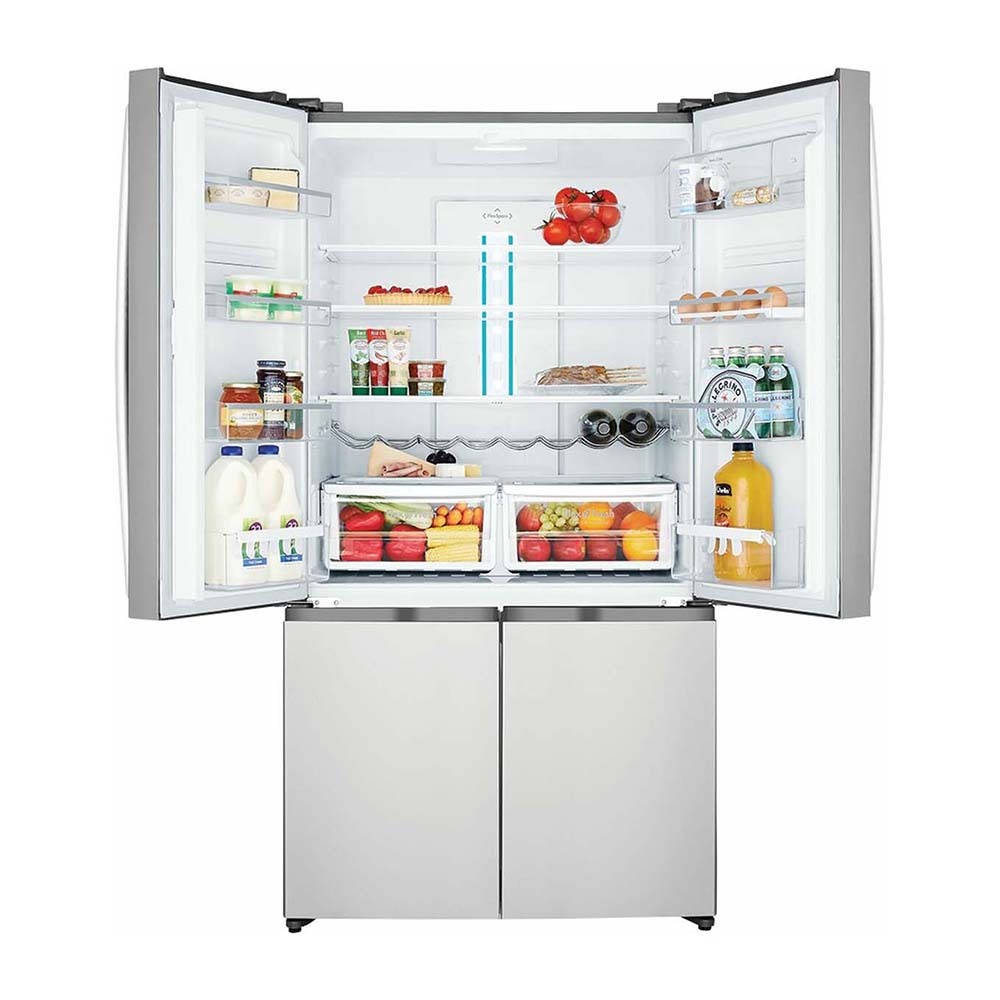 Westinghouse 541L French Door Fridge Stainless Steel WQE6000SB, Front view with top door open, full of food items, and bottles