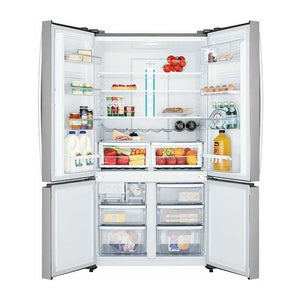 Westinghouse 541L French Door Fridge Stainless Steel WQE6000SB, Front view with doors open, full of food items, and bottles