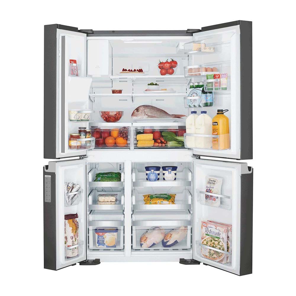 Westinghouse 609L French Door Fridge Dark Steel WQE6870BA, Front view with open doors, a view full of food items, and bottles