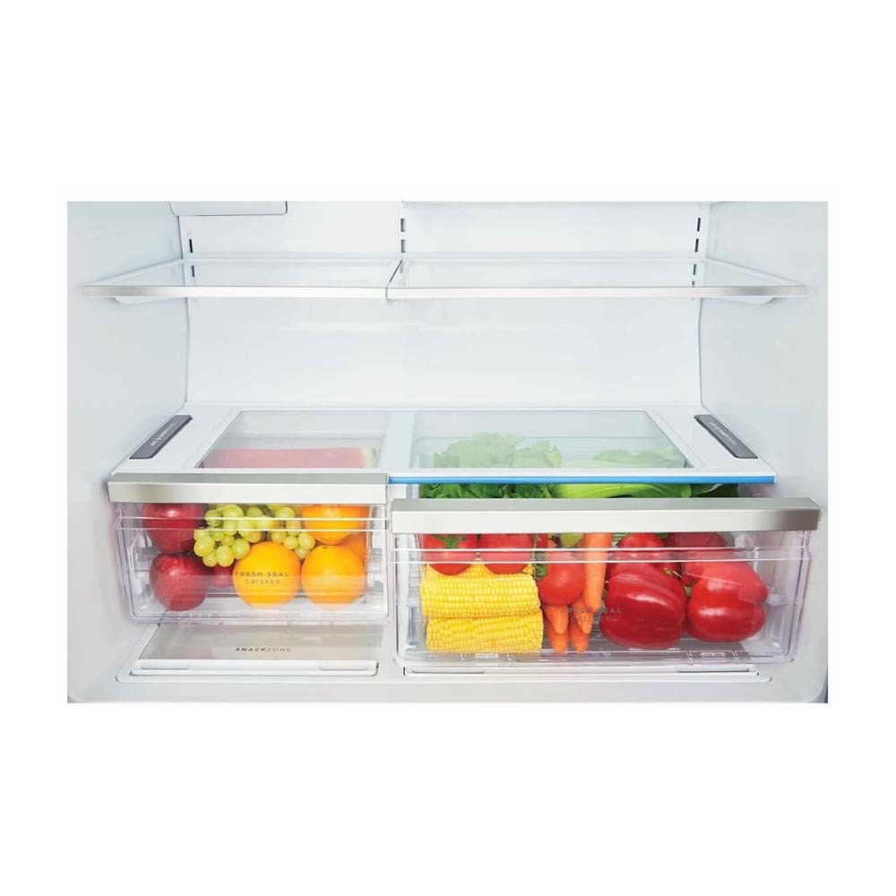 Westinghouse 609L French Door Fridge Dark Steel WQE6870BA, Glass shelf and vegetable crisper drawer view 