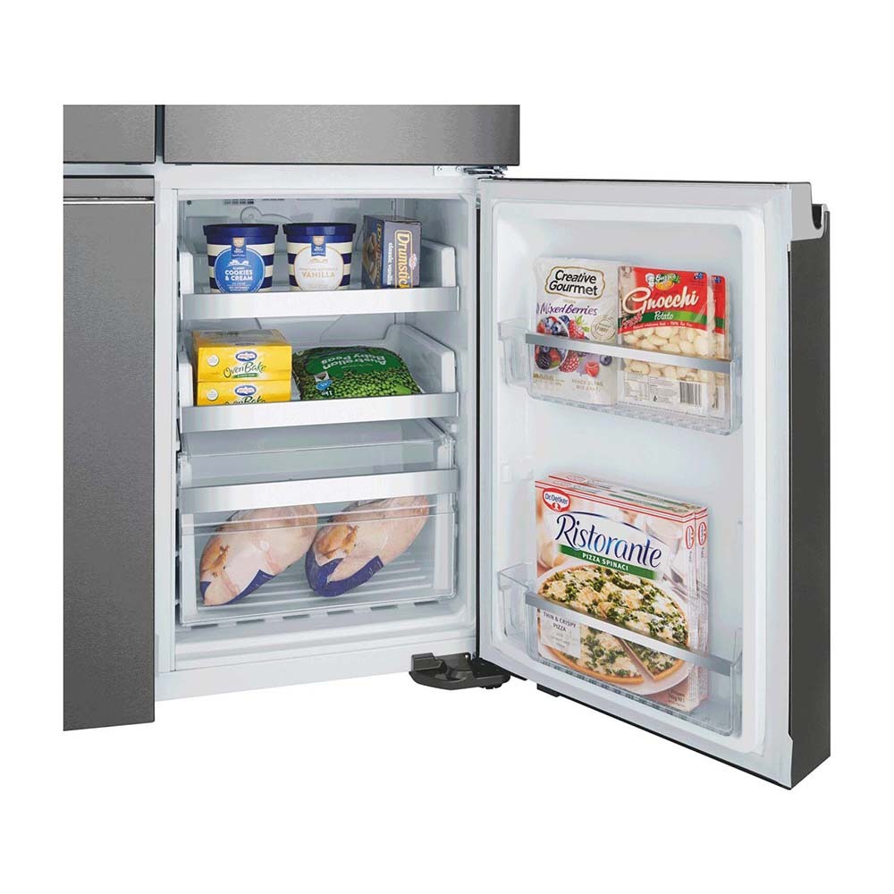 Westinghouse 609L French Door Fridge Dark Steel WQE6870BA, Bottom single door open, full of food items