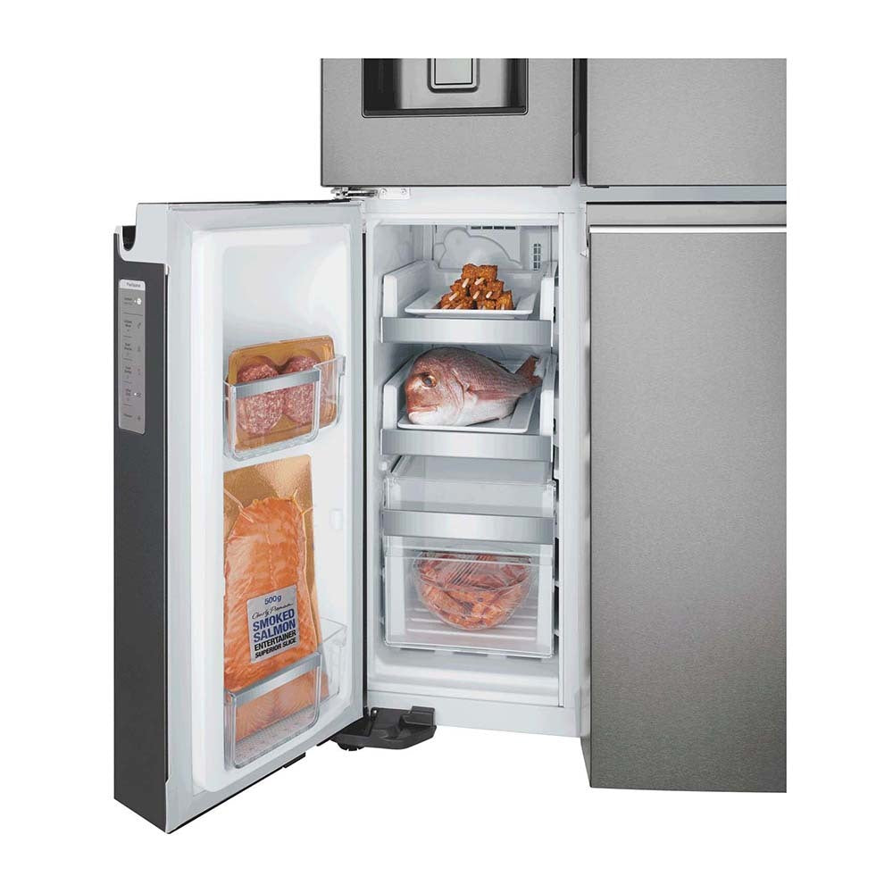 Westinghouse 609L French Door Fridge Dark Steel WQE6870BA, Bottom single door open, full of meat