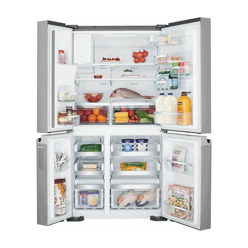 Westinghouse 609L French Door Fridge Stainless Steel WQE6870SA, Front view with open doors, a view full of food items, and bottles