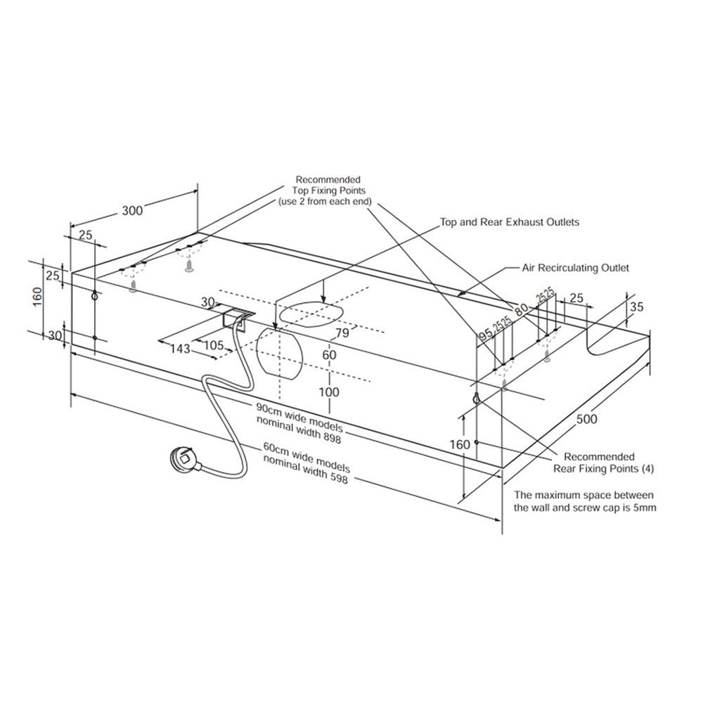 Westinghouse WRF613SA 60cm Fixed Rangehood Stainless Steel, Dimensions