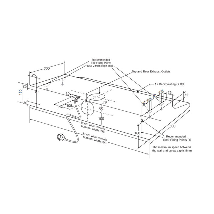 Westinghouse WRF613WA 60cm Fixed Rangehood White, Dimensions