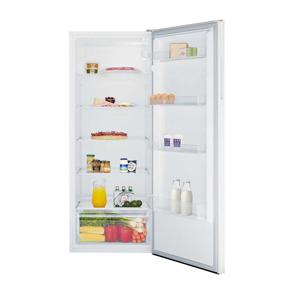 Westinghouse 243L Upright Fridge White WRM2400WEX, Front view with open door, full of food items, and bottles