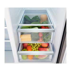 Westinghouse 624L Side By Side Fridge Stainless Steel WSE6630SA, Glass shelf and vegetable crisper drawer view 