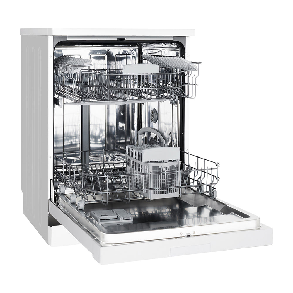 Westinghouse WSF6602WA 60cm 13 Place Freestanding Dishwasher White, Front right view, door open 