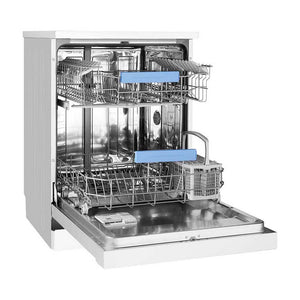 Westinghouse WSF6604WA 60cm 13 Place Freestanding Dishwasher White, Front right view, door open with cutleries 