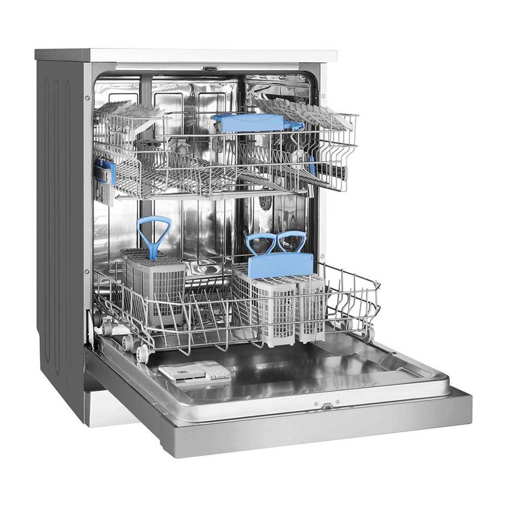 Westinghouse WSF6606XA 60cm 15 Place Freestanding Dishwasher Stainless Steel, Front right view, door open