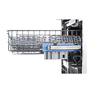 Westinghouse WSF6608X Freestanding Dishwasher, Side view, door open with cutleries