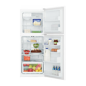 Westinghouse 211L Top Mount Fridge White WTB2300WHX, Front view with open doors, full of food items, and bottles