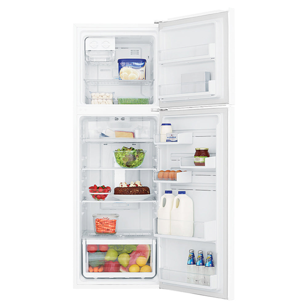 Westinghouse 256L Top Mount Fridge White WTB2800WHX, Front view with open doors, full of food items, and bottles