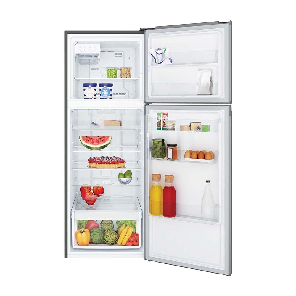 Westinghouse 312L Top Mount Fridge Arctic Steel WTB3100AKX, Front view with open doors, full of food items, and bottles