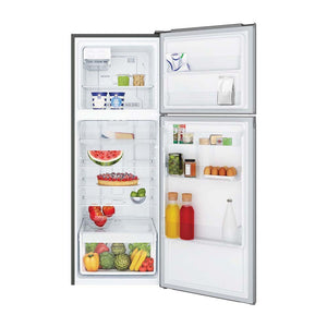 Westinghouse 312L Top Mount Fridge Arctic Steel WTB3100AKX, Front view with open doors, full of food items, and bottles