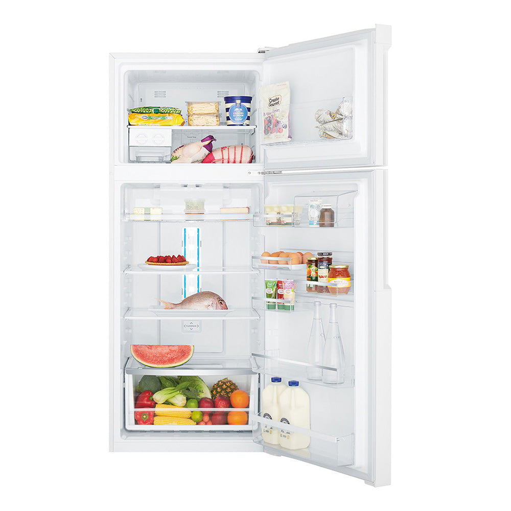 Westinghouse 431L Top Mount Fridge White WTB4600WCL, Front view with open doors, full of food items, and bottles