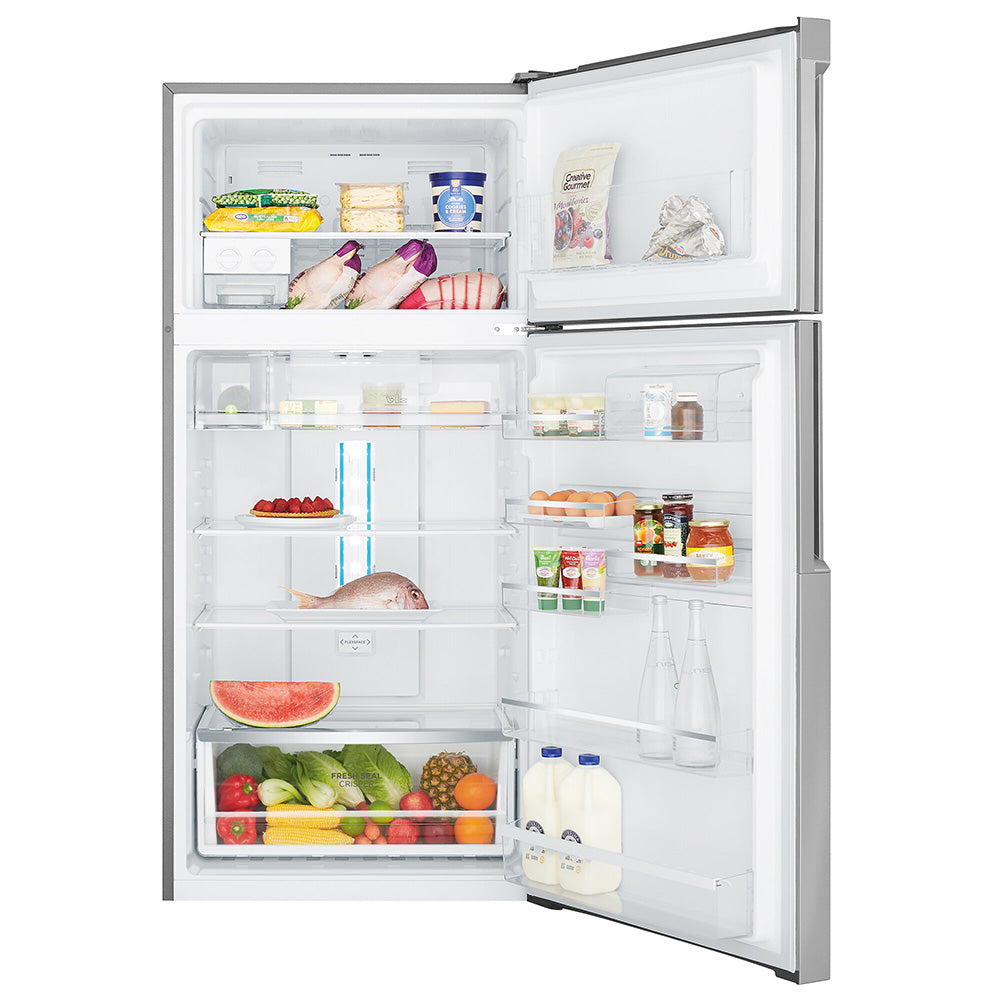 Westinghouse WTB5400SBR 536L Top Mount Fridge Stainless Steel, Front view with open doors, full of food items, and bottles