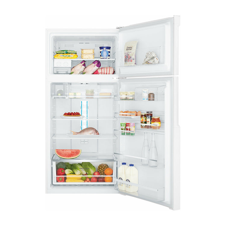 Westinghouse WTB5400WCR 503L Top Mount Fridge White, Front view with open doors, full of food items, and bottles