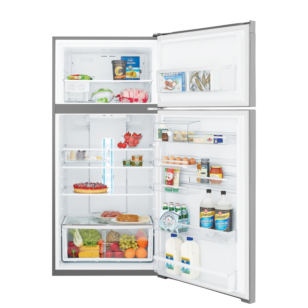 Westinghouse WTB5404SAR 540L  Top Mount Fridge Stainless Steel, Front view with open doors, full of food items, and bottles
