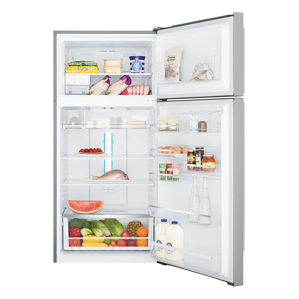 Westinghouse WTB5404SCL 536L Top Mount Fridge Stainless Steel, Front view with open doors, full of food items, and bottles