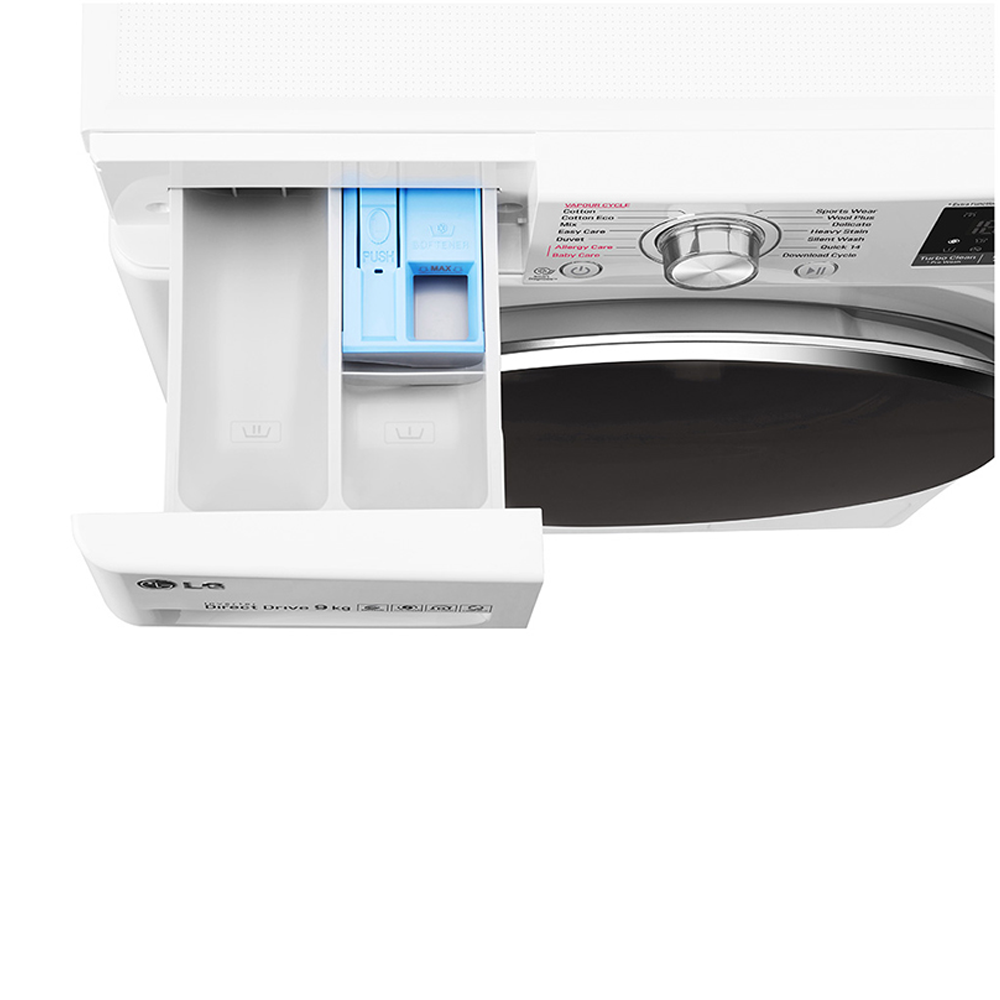 LG WTW1409VCW 9kg Front Load Washer, Top view with open drawer