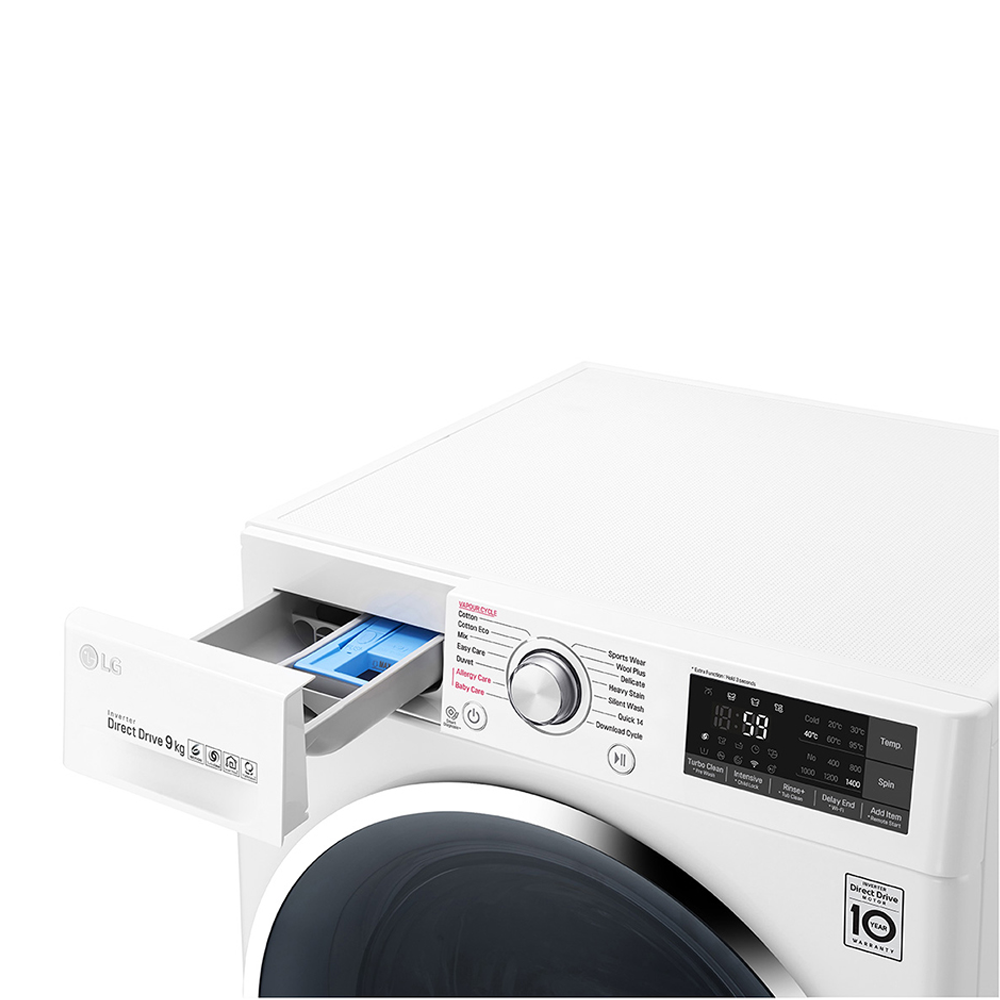 LG WTW1409VCW 9kg Front Load Washer, Open drawer view