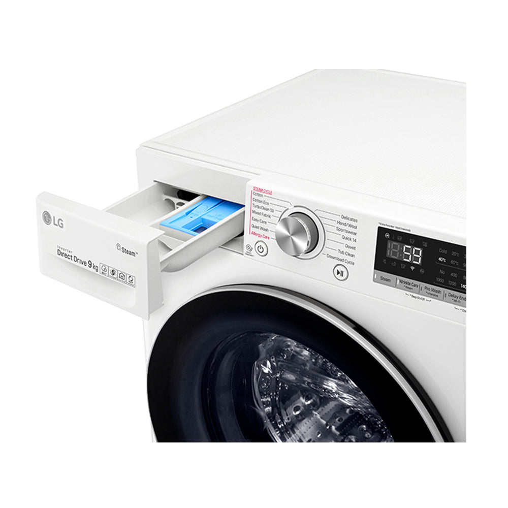 LG WV7-1409W Front Load 9Kg Washing Machine w/ Steam+, Top view with drawer open