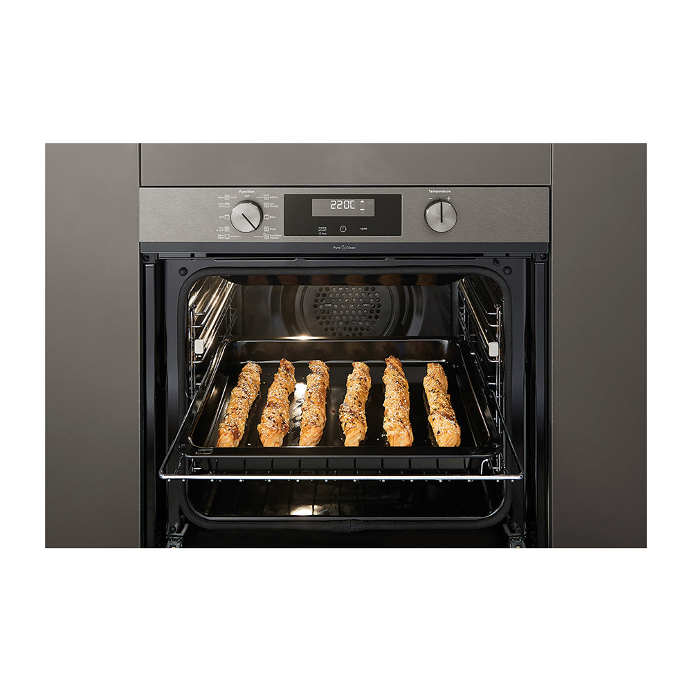 Westinghouse WVEP617DSC 60cm Dark Stainless Steel 10-Function Electric Oven, Front open with food 