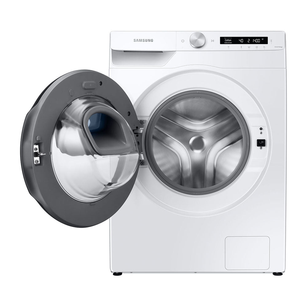 Samsung 8.5kg AI Personalised AddWash Front Load Washing Machine WW85T554DAW, Front view with door open