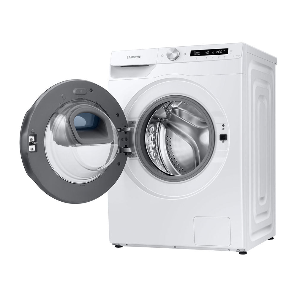 Samsung 8.5kg AI Personalised AddWash Front Load Washing Machine WW85T554DAW, Front left view with door open