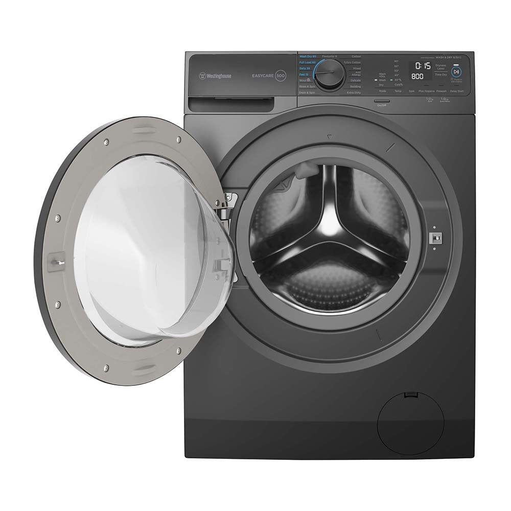 Westinghouse 9kg EasyCare Front Load Washer Dryer Black WWW9024M5SA, Front view with door open