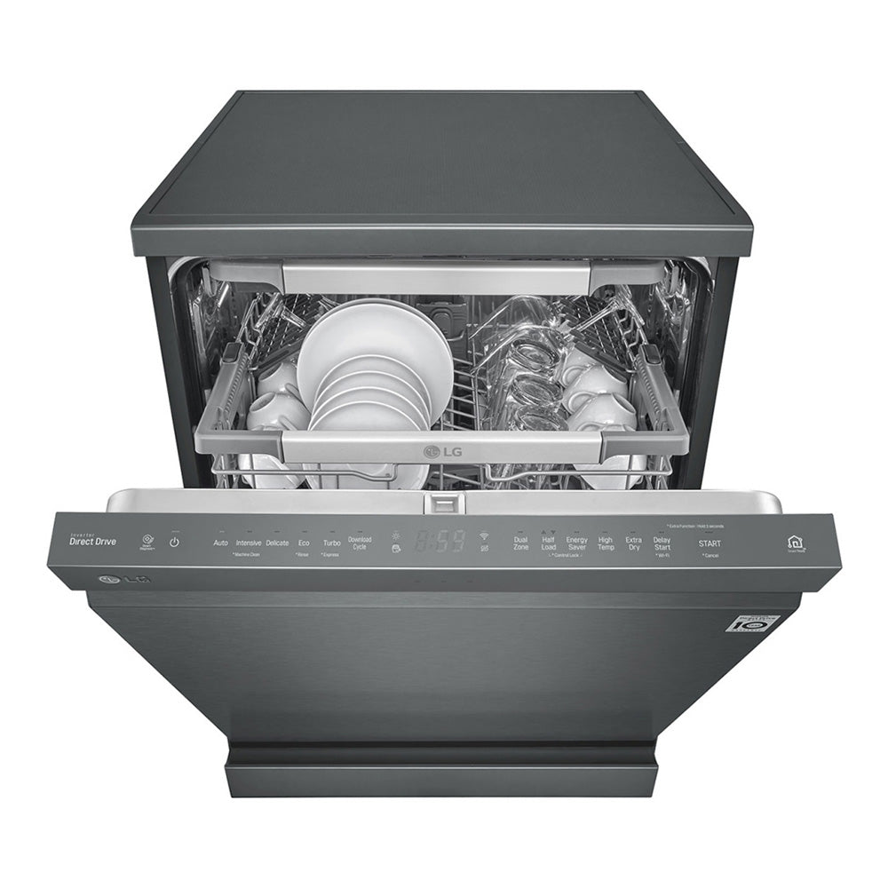 LG XD3A15MB 15 Places QuadWash Dishwasher, Matte Black finish, Front view, half door open with cutleries