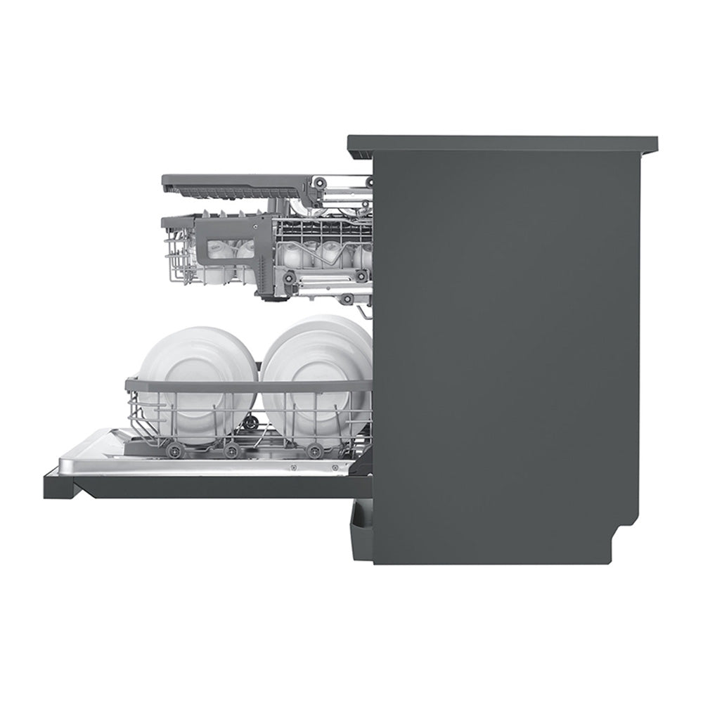 LG XD3A15MB 15 Places QuadWash Dishwasher, Matte Black finish, Side view, door open with cutleries