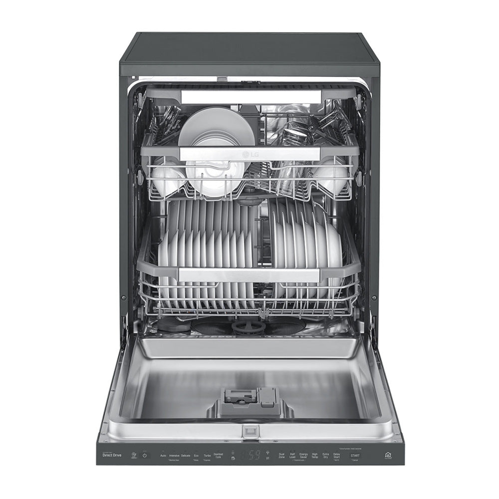 LG XD3A15MB 15 Places QuadWash Dishwasher, Matte Black finish, Front view, door open with cutleries