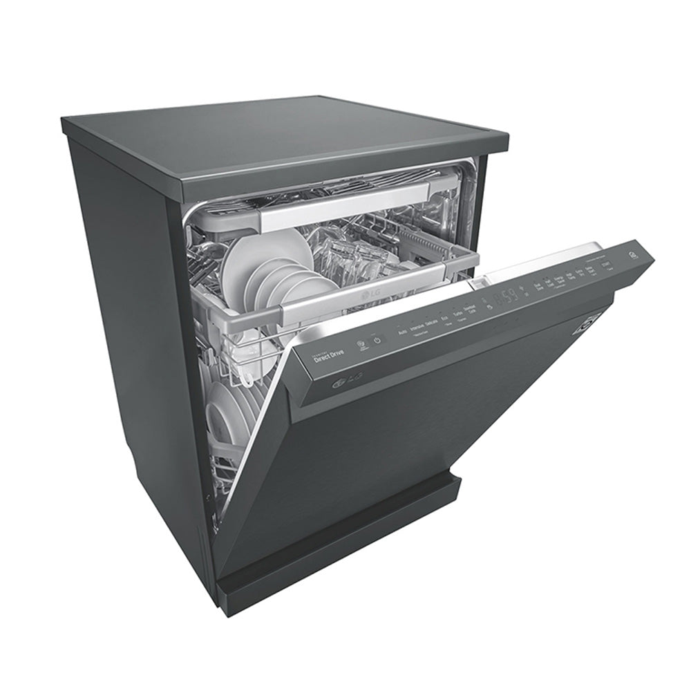 LG XD3A15MB 15 Places QuadWash Dishwasher, Matte Black finish, Front right view, half door open with cutleries