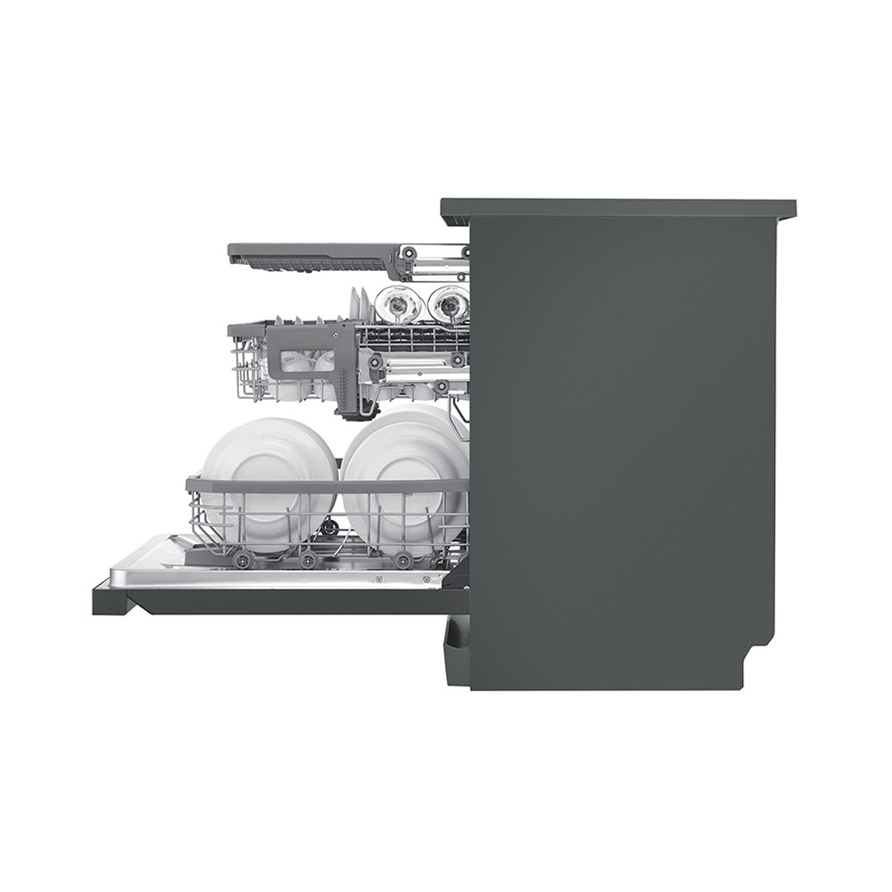 LG XD3A15MB 15 Places QuadWash Dishwasher, Matte Black finish, Side view, door open with cutleries