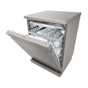 LG XD4B15PS QuadWash 60cm 15 Place Freestanding Dishwasher Platinum Steel, Front left view, door half open with cutleries