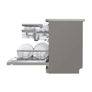 LG XD4B15PS QuadWash 60cm 15 Place Freestanding Dishwasher Platinum Steel, Side view, door open with cutleries